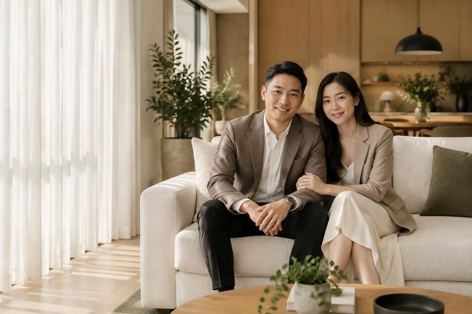 Illustrative portrait of a Singaporean designer couple seated in a warm contemporary home
