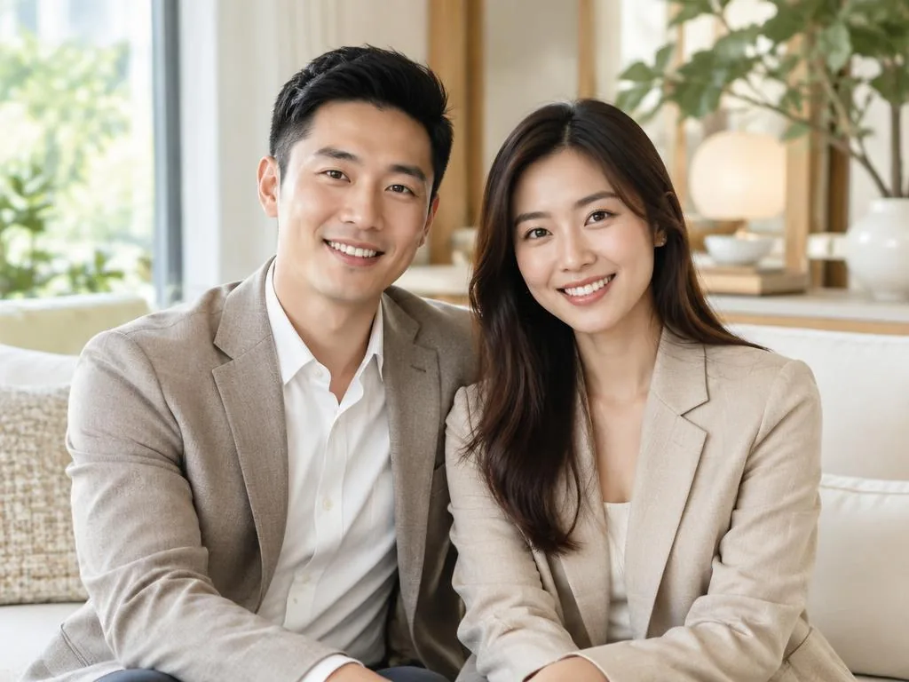 Illustrative portrait of an interior designer couple in a bright living room