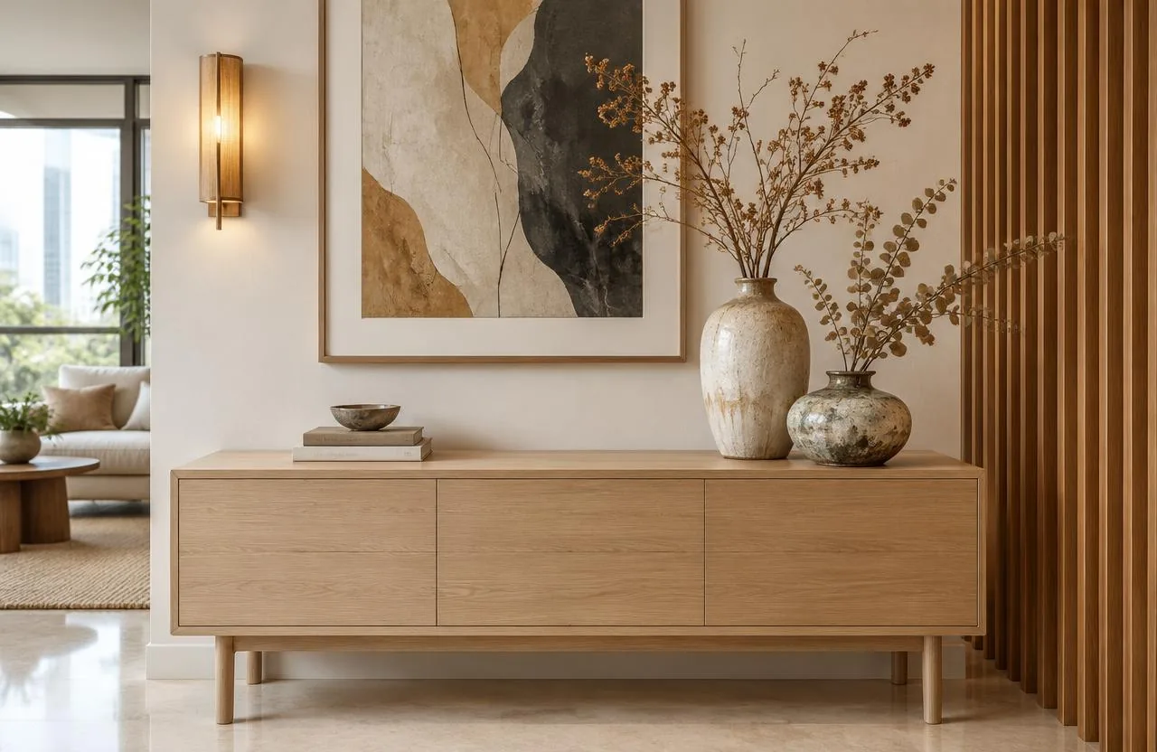 A considered interior with warm wood, soft light and natural greenery