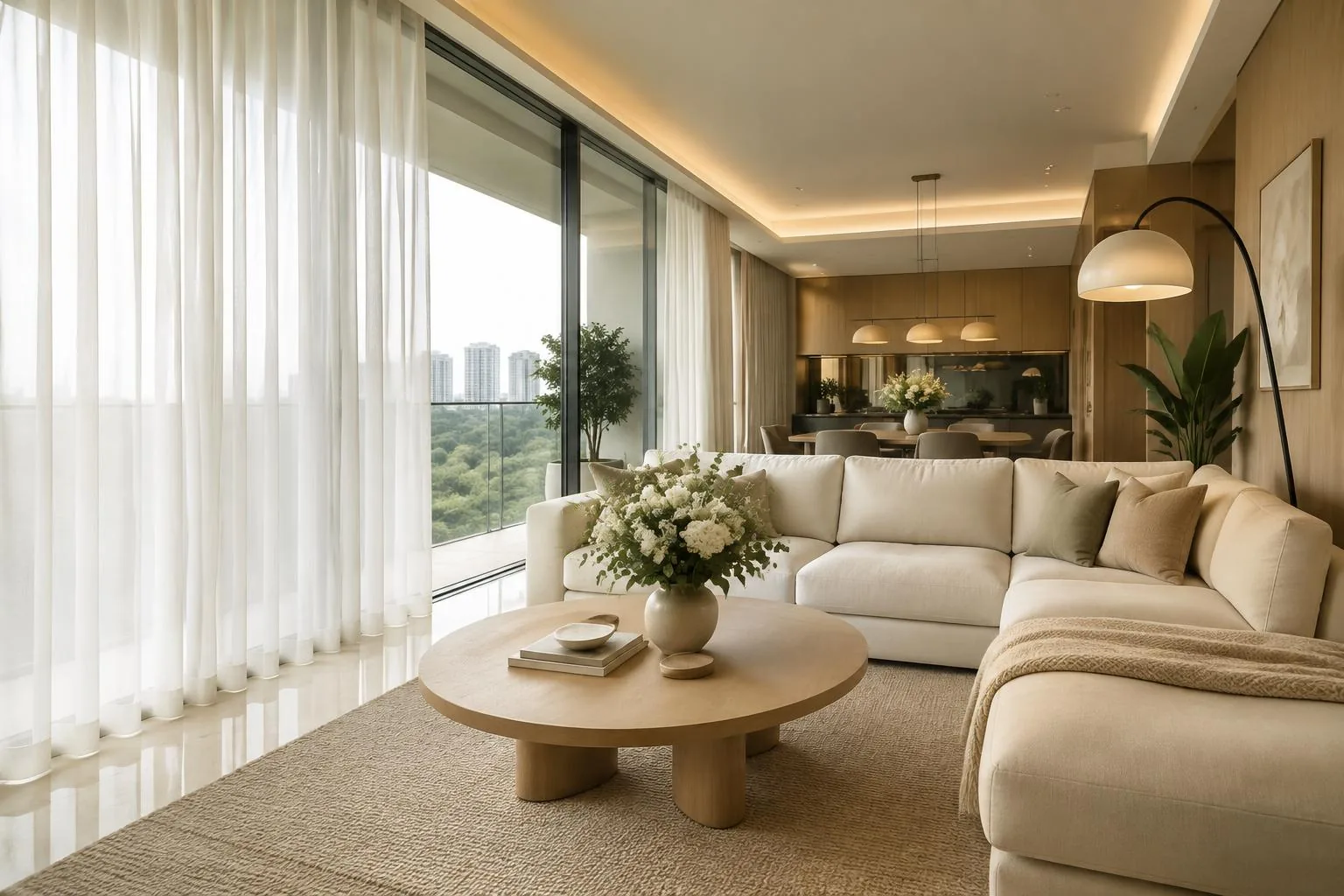 Sunlit living room with a cream sofa, oak coffee table and soft sheer curtains